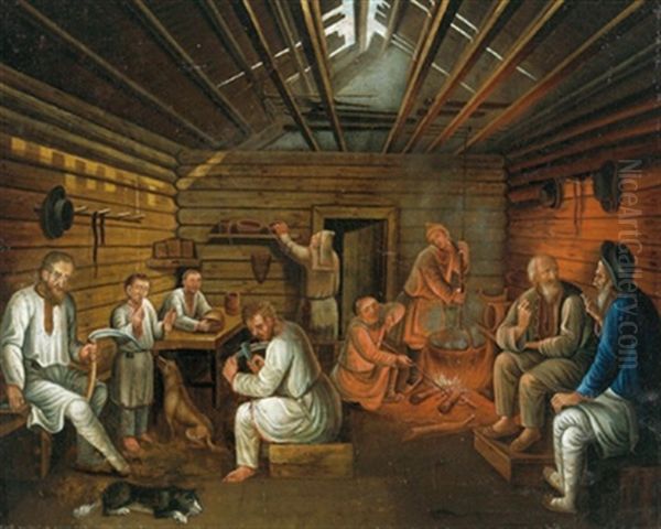 Russische Bauern In Der Stube Oil Painting by Johann Jakob Mettenleiter