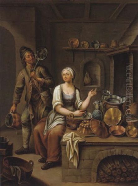 Eine Magd Und Ihr Helfer In Der Kuche Oil Painting by Johann Jakob Mettenleiter