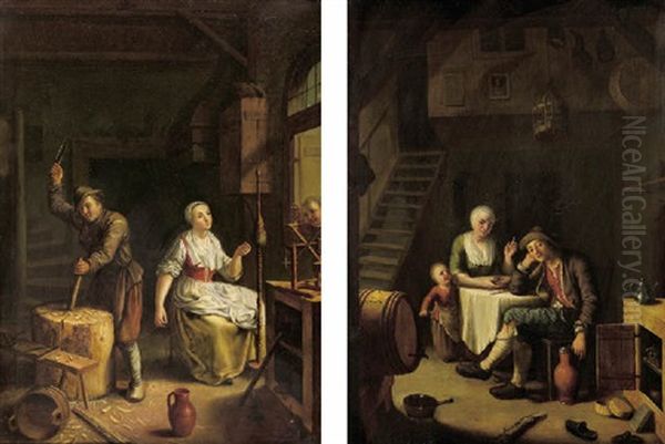 A Carpenter At Work And A Woman At The Spinning Wheel In An Interior Oil Painting by Johann Jakob Mettenleiter