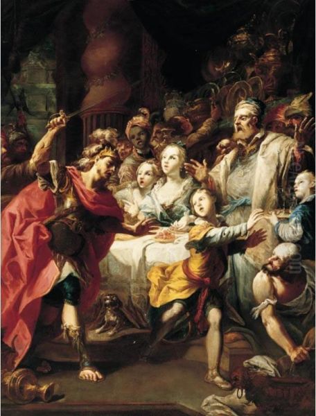 A Biblical Scene With Aservant Being Driven Away By A King, Figures Restraining Him Oil Painting by Nicolas Bertuzzi L'Anconitano