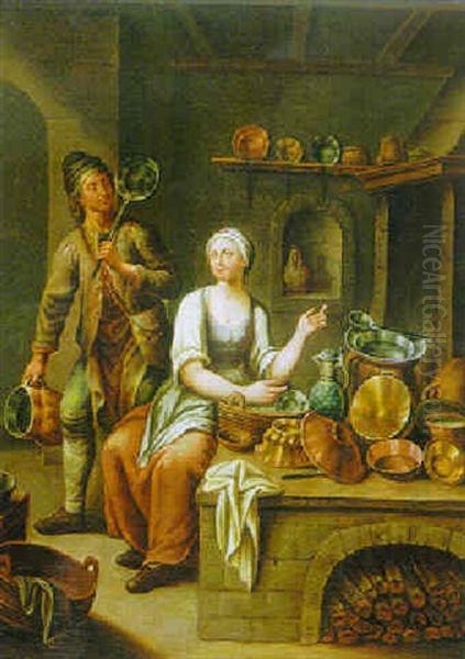 Kitchen Interior With A Man And A Maidservant Washing Utensils Oil Painting by Johann Jakob Mettenleiter