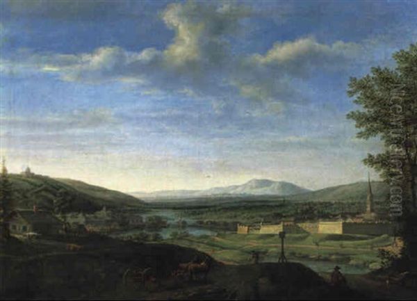 Panoramablick Mit Einer Stadt Und Befestigungsmauer Oil Painting by Johann Michael Mettenleiter