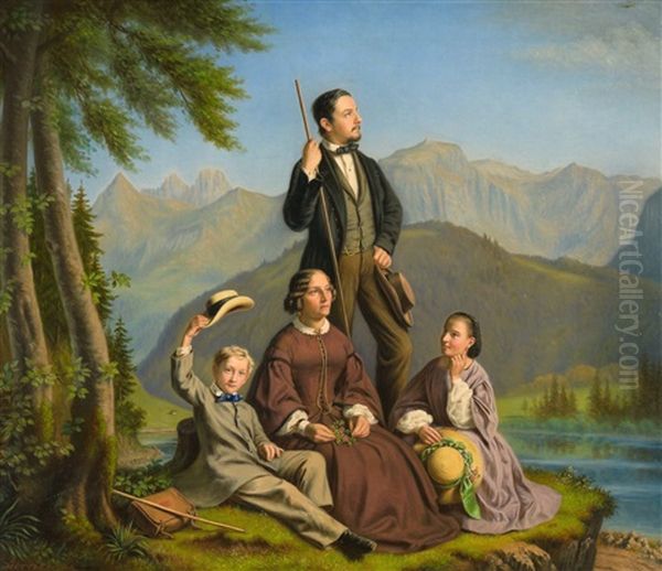 Portrat Einer Familie Im Hintergrund Der See-alp-see Oil Painting by Johannes Mettler