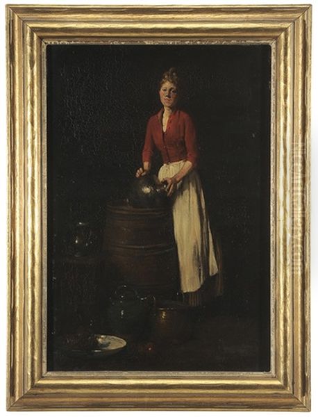 Maid Washing At A Barrel Oil Painting by Louis Mettling