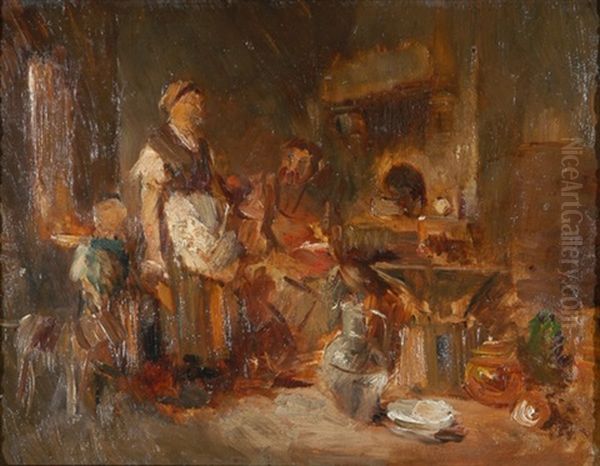 Kucheninterieur Mit Bauernfamilie Und Hund Oil Painting by Louis Mettling