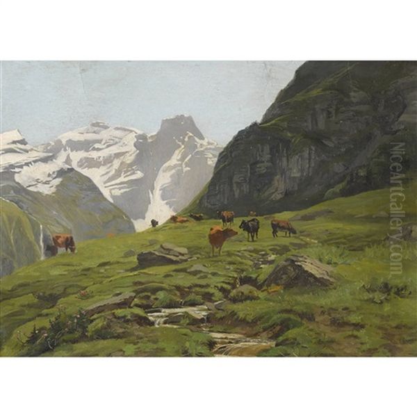 Alpage De Corbassiere Oil Painting by Edouard-Louis-Auguste Metton