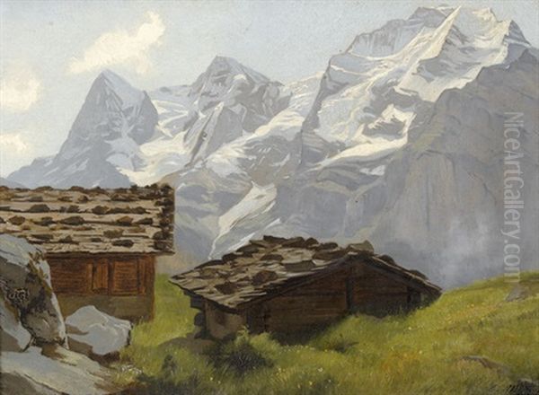 Sommerliche Gebirgspartie Im Berner Oberland Mit Chalets (+ Blumenstillleben, Verso) Oil Painting by Edouard-Louis-Auguste Metton