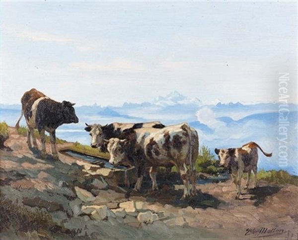 Kuhe Bei Der Tranke Oil Painting by Edouard-Louis-Auguste Metton