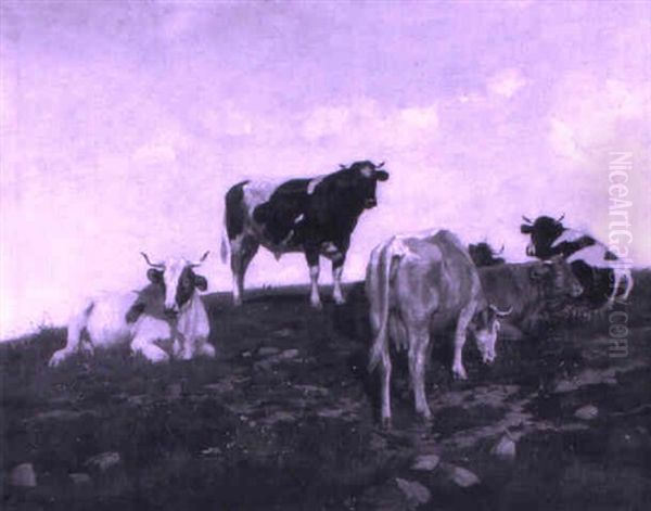 Kuhe Und Stier An Einem Berghang Oil Painting by Edouard-Louis-Auguste Metton