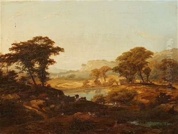 River Landscape With Houses And A Church Oil Painting by Caesar Metz