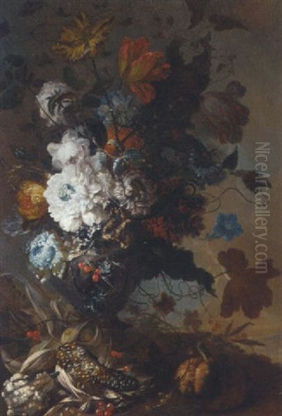 Chrysanthemums, Tulips, Roses, A Sunflower, And Other Flowers In An Urn With A Pomegranate, Berries And A Lupin Oil Painting by Gertrude Metz