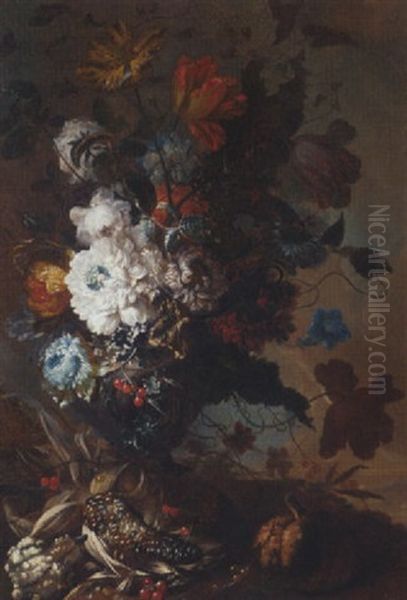 Chrysanthemums, Tulips, Roses, A Sunflower, Flax, And Other Flowers In An Urn With A Pomegranate, Berries And A Lupin Oil Painting by Gertrude Metz