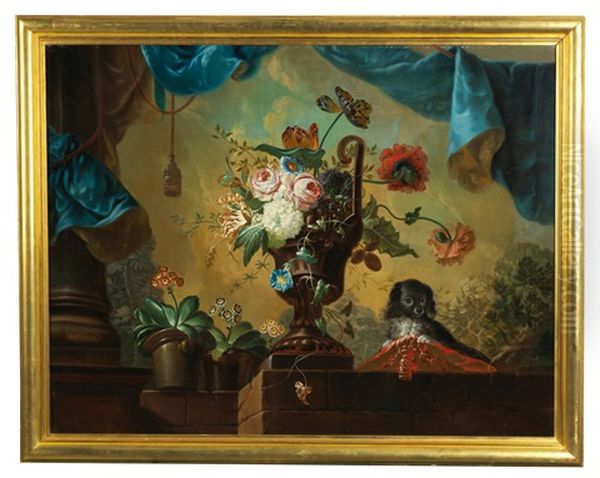 A Floral Still Life With A Small Dog Oil Painting by Johann Martin Metz