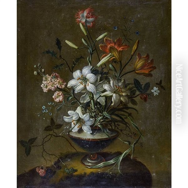 Stillleben Mit Lilien, Brombeerranke Und Stechpalmenzweig Oil Painting by Johann Martin Metz