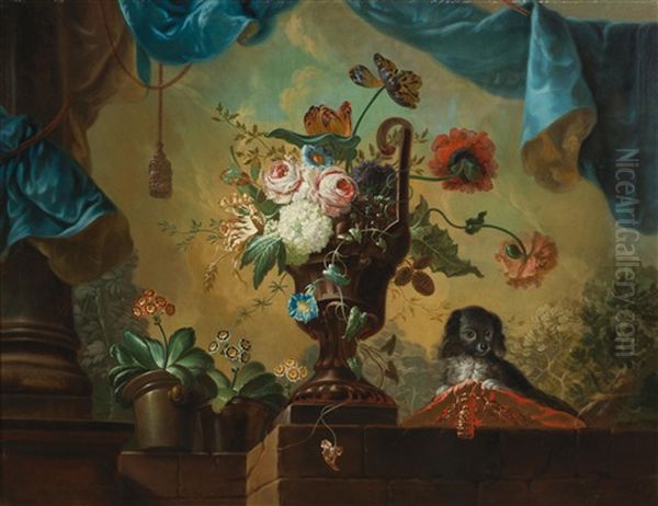 A Still Life Of Flowers With A Little Dog Oil Painting by Johann Martin Metz