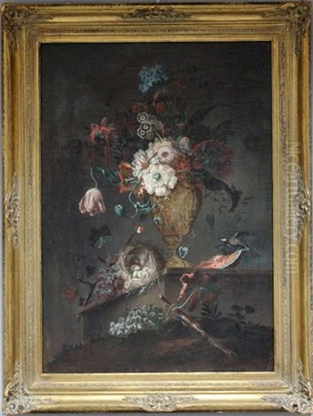 Stillleben Mit Auf Tisch Arrangierter Vase, Daneben Nest Mit Eiern Und Vogel Auf Melonenstuck, Vor Dem Tisch Weinreben Oil Painting by Johann Martin Metz