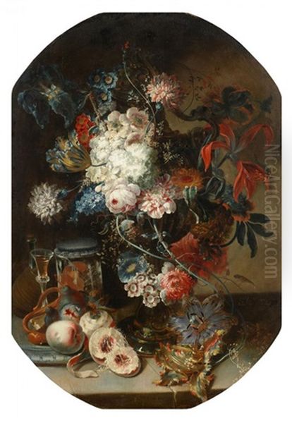 Groses Variastillleben. Auf Einer Steinplatte In Skulptierter Vase, Uppiger Sommerblumenstraus, Daneben Pfirsiche, Feigen Und Weinkaraffe by Johann Martin Metz