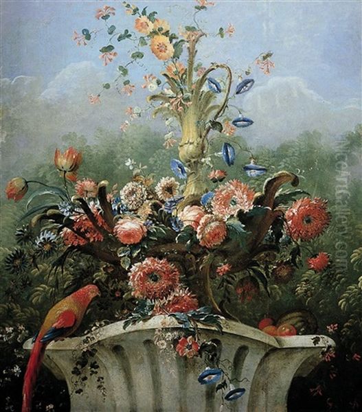 Floral Still Life In A Stone Vase With A Parrot Oil Painting by Johann Martin Metz