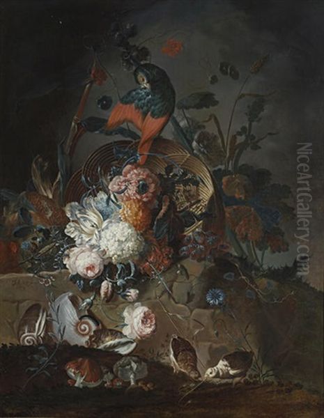 A Still Life With Flowers And A Parrot Perched On A Basket, With Seashells, Mushrooms And Two Quail On A Rocky Ledge Oil Painting by Johann Martin Metz