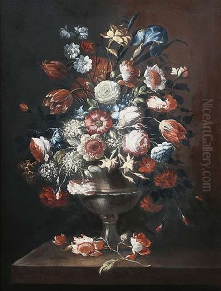 Stilleben Mit Prachtigem Blumenbukett In Silberner Vase Auf Einem Steinpodest Oil Painting by Johann Martin Metz