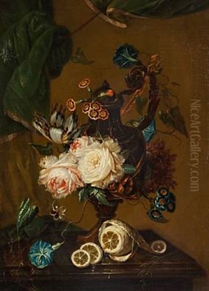 Nature Morte With Flowers And Lemons On A Table Oil Painting by Johann Martin Metz