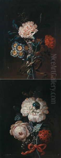 Stillleben Mit Von Samtschleifen Zusammengehaltenen Blumenstraussen (pair) Oil Painting by Johann Martin Metz