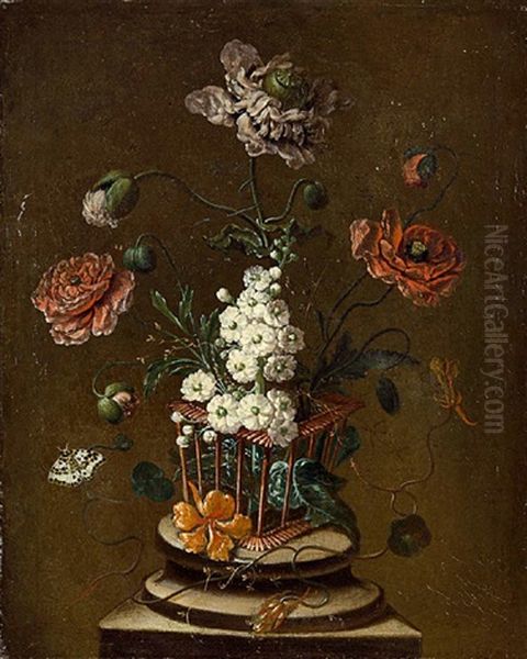 Blumenstillleben Mit Schmetterlingen Oil Painting by Johann Martin Metz