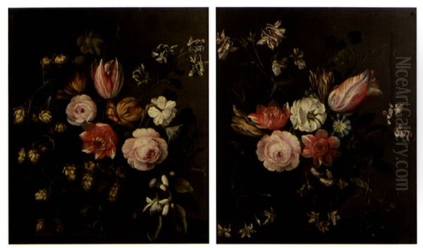 Bouquets De Fleurs Sur Un Entablement (pair) Oil Painting by Johann Martin Metz