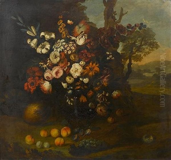 Roses, Peonies, Tulips, White Lilies In A Glass Vase With Peaches, Grapes, Plums, A Melon, A Pumpkin And A Bird's Nest In A Landscape Oil Painting by Johann Martin Metz