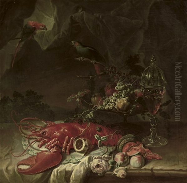 A Lobster On A Porcelain Platter, A Tazza With Fruit And A Covered Glass Of Red Wine, All On A Partially Draped Stone Ledge Before A Curtain With Two Parrots Oil Painting by Johann Martin Metz