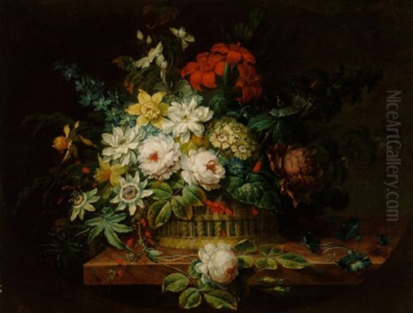 Ein Blumenstraus Von Rosen Und Anderen Bluten In Einem Korb Oil Painting by Johann Martin Metz