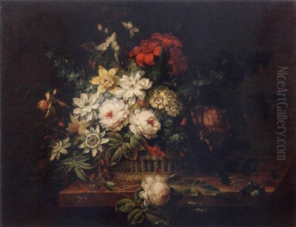 Roses, Narcissi, Passion Flowers, Delphiniums And Other Flowers In A Basket On A Stone Ledge Oil Painting by Johann Martin Metz