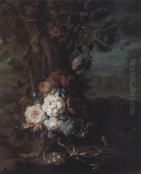 Bouquet De Fleurs Au Pied D'un Arbre Dans Un Paysage Oil Painting by Johann Martin Metz