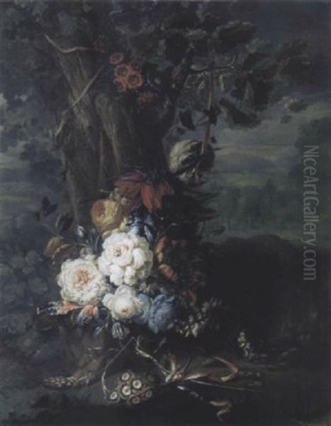 Bouquet De Fleurs Au Pied D'un Arbre Dans Un Paysage Oil Painting by Johann Martin Metz