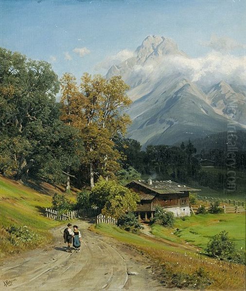 Bauernpaar Auf Einem Feldweg Bei Achenkirch In Tirol Oil Painting by Alfred (Wilhelm) Metzener