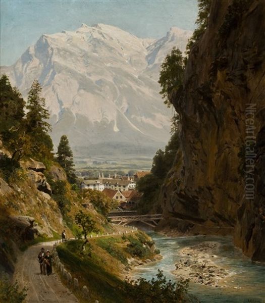 Wanderer In Der Taminaschlucht Bei Bad Ragaz, Schweiz by Alfred (Wilhelm) Metzener