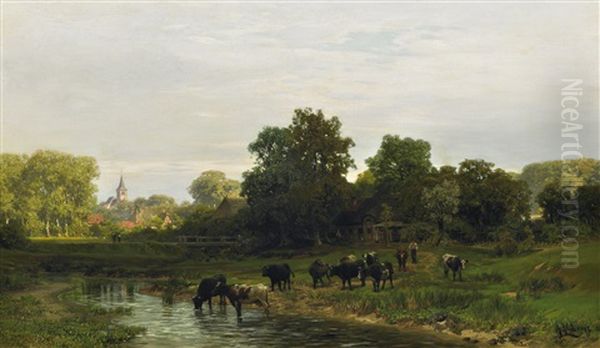 Vieh An Der Tranke. Im Hintergrund Ein Kleines Kirchdorf Oil Painting by Alfred (Wilhelm) Metzener