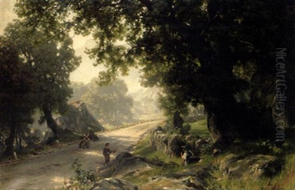 Gebirgsstrasse Mit Bauernfamilie Im Schatten Von Baumen Oil Painting by Alfred (Wilhelm) Metzener