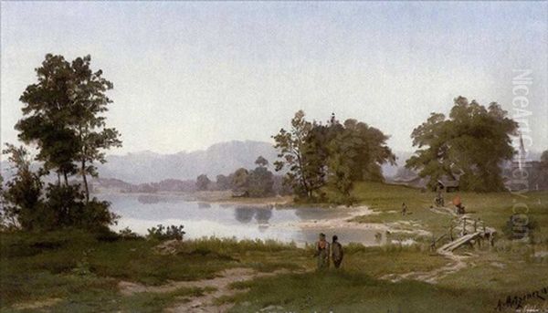 Voralpenlandschaft Mit Dorf Und Seeufer Oil Painting by Alfred (Wilhelm) Metzener