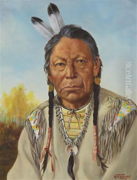 Chief O'hoo (the Owl), Cree Indian Oil Painting by Henry Metzger