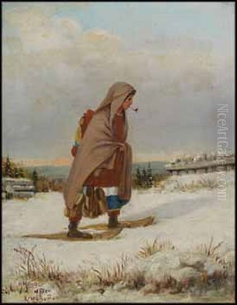 Indian Woman On Snowshoes With Pipe Oil Painting by Henry Metzger