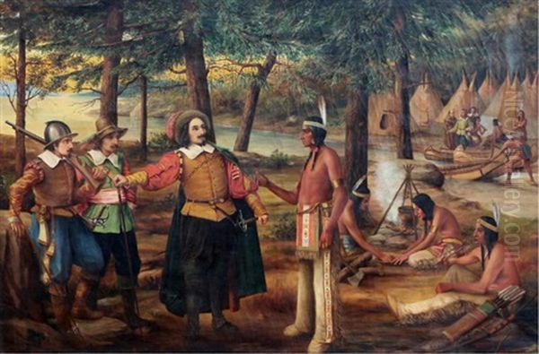 Samuel De Champlain Meets With The Indigenous Peoples Oil Painting by Henry Metzger