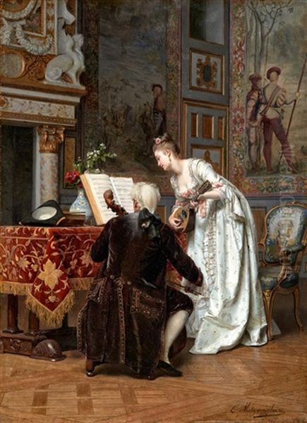 Die Musikstunde Oil Painting by Emile Pierre Metzmacher