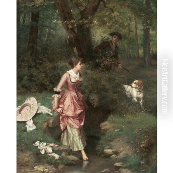 A Young Beauty Crossing A Brook, A Hunter Beyond Oil Painting by Emile Pierre Metzmacher