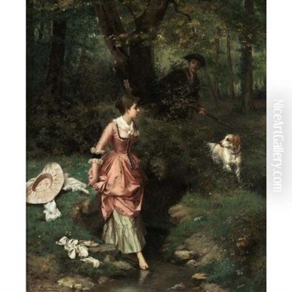 A Young Beauty Crossing A Brook, A Hunter Beyond Oil Painting by Emile Pierre Metzmacher