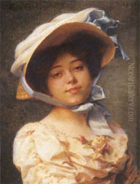 Jeune Femme Au Chapeau Oil Painting by Emile Pierre Metzmacher