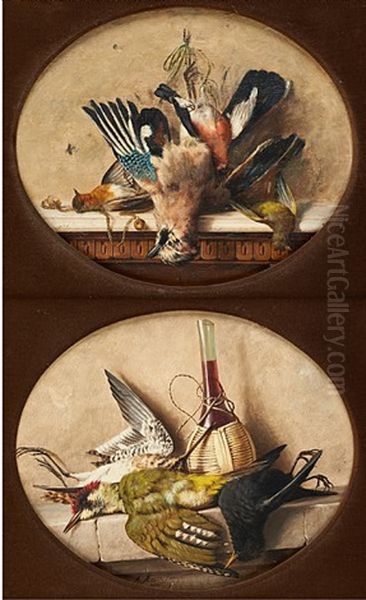 Nature Morte Aux Oiseaux Sur Entablement (2 Works) Oil Painting by Michelangelo Meucci