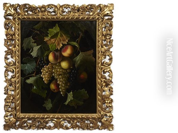 A Still Life With Peaches And Grapes Oil Painting by Michelangelo Meucci