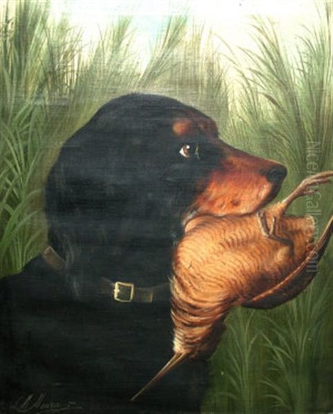 Game Dog Retrieving Fowl (+ Another; Pair) Oil Painting by Michelangelo Meucci