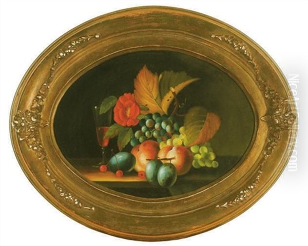 Still Life Of Fruits, Flowers And A Glass Of Wine On A Table (+ A Still Life; Pair) Oil Painting by Michelangelo Meucci